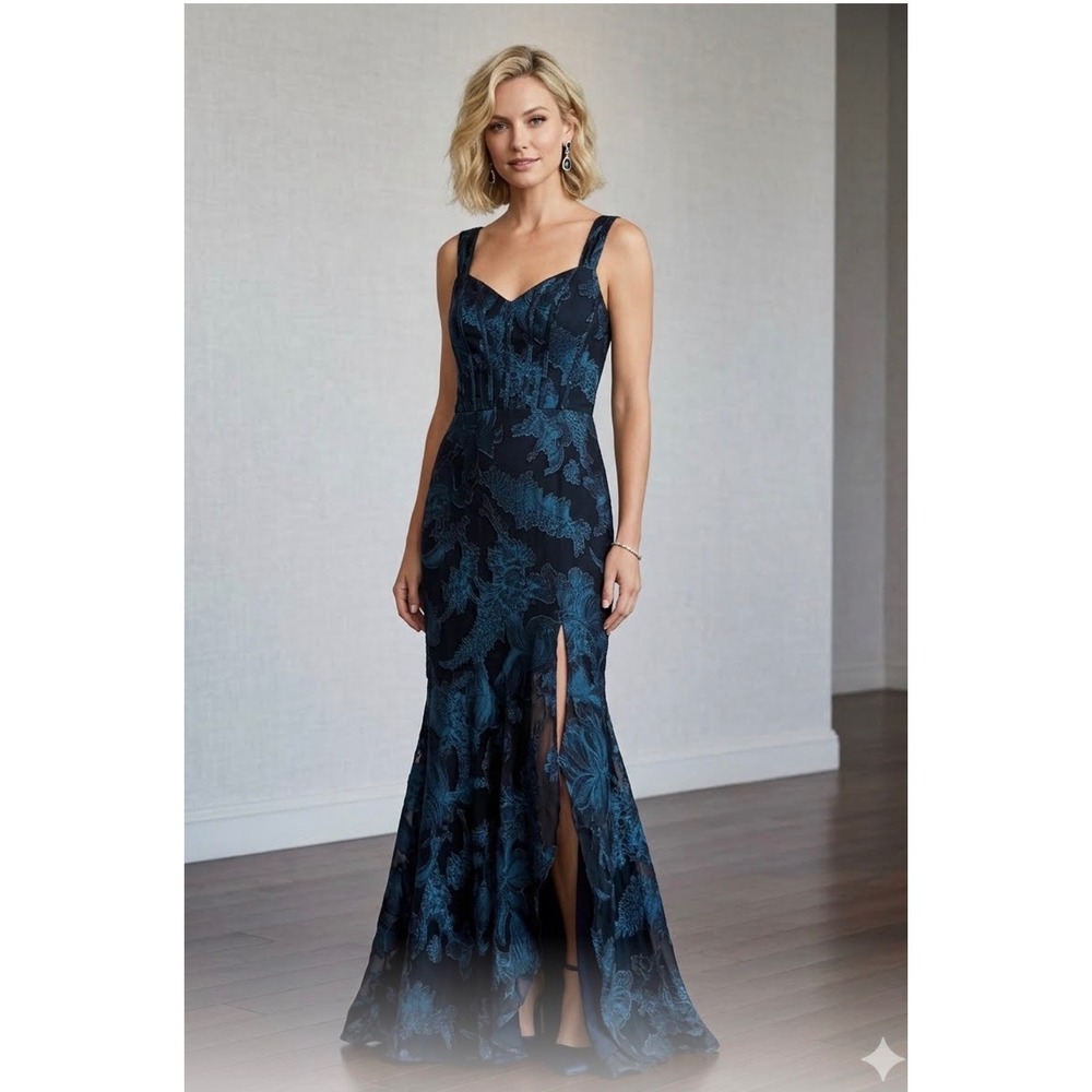 Azazie Atelier Floral Burnout Velvet Mermaid Gown Navy Teal Slit Formal Dress 4